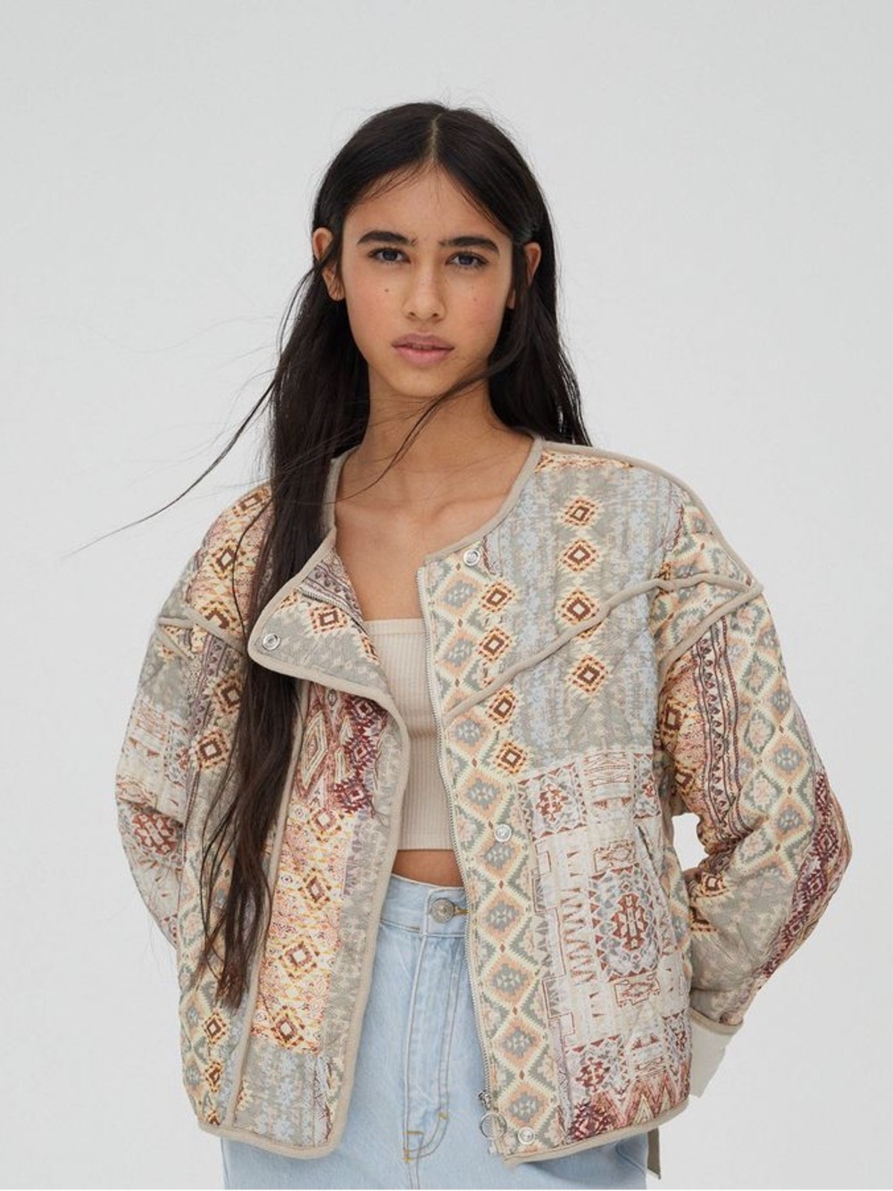 Pull&Bear Southwestern Aztec Quilted Jacket Boho Tribal Patchwork Eclectic S